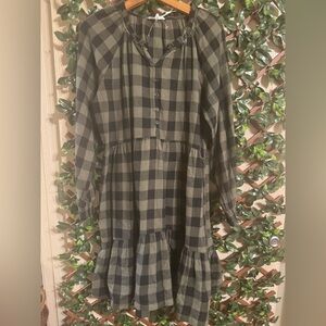 Beach Lounge Lunch Green and Black Flannel Plaid Long Sleeve Dress